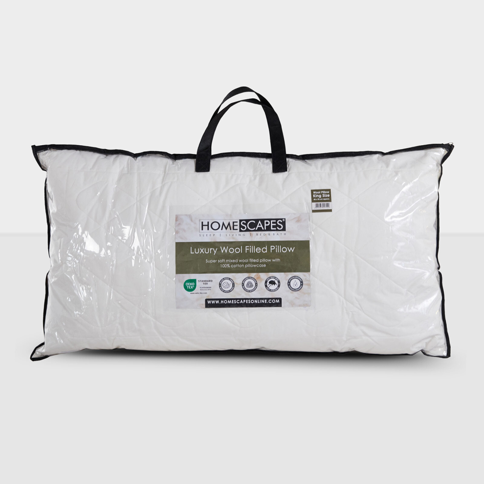 Homescapes Wool Filled King Size Cosy Sleeper Pillow With Cotton Case - Soft/Medium White