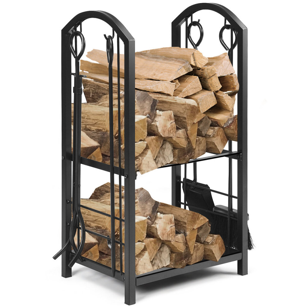 Fireplace Log Rack with Poker Tong Brush & Shovel Iron Storage Holder