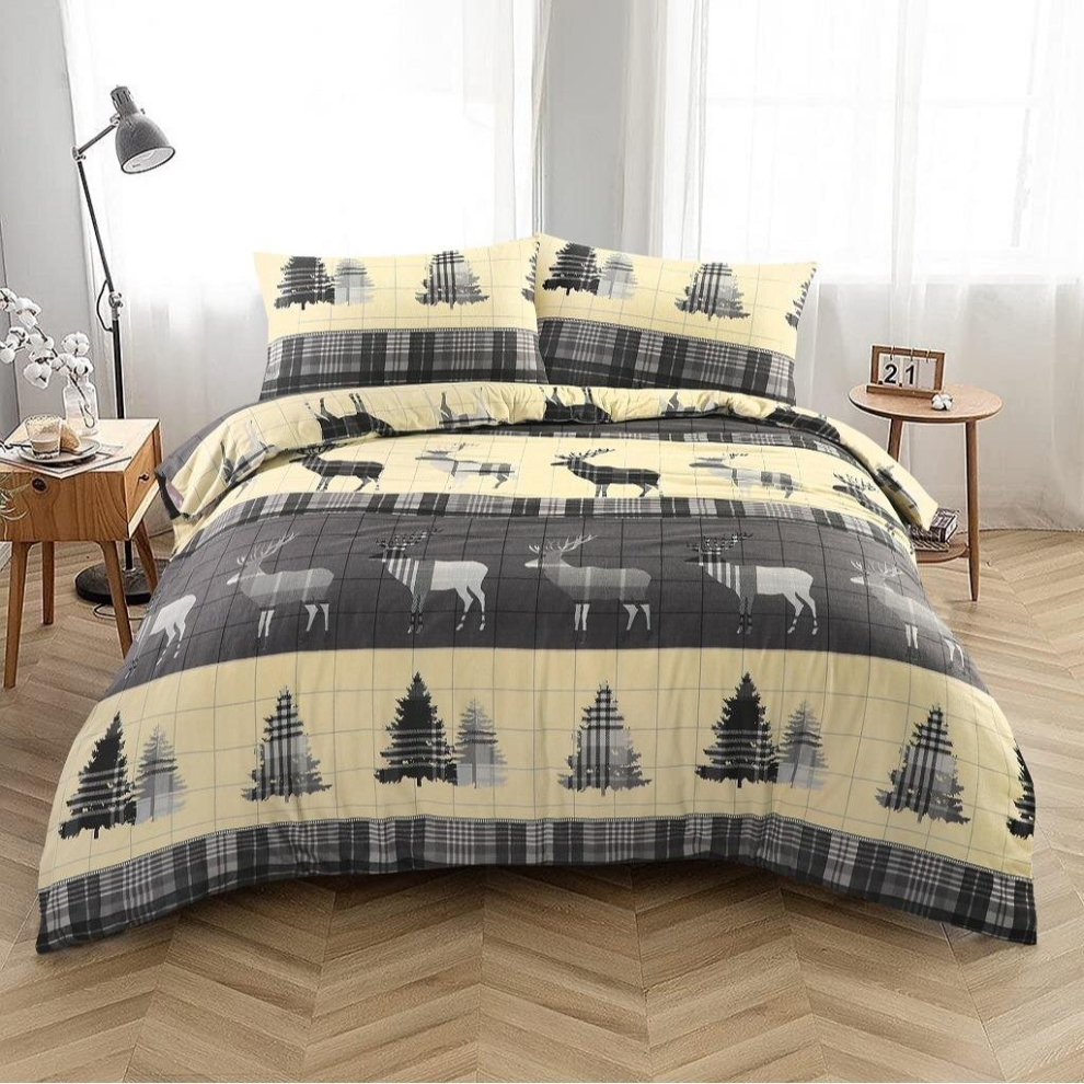(Grey, King) Stag Duvet Cover 100% Flannelette Brushed Cotton Thermal Duvet Cover Bedding Set