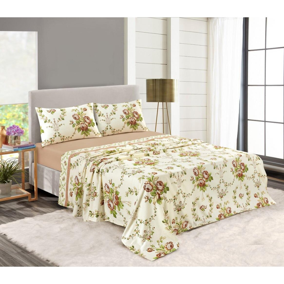 (Natural, King) Floral Sheet Set Olivia 100% Brushed Cotton Thermal Flannelette Fitted Sheet Set Flat Sheet & Pillowcases Bedding Set