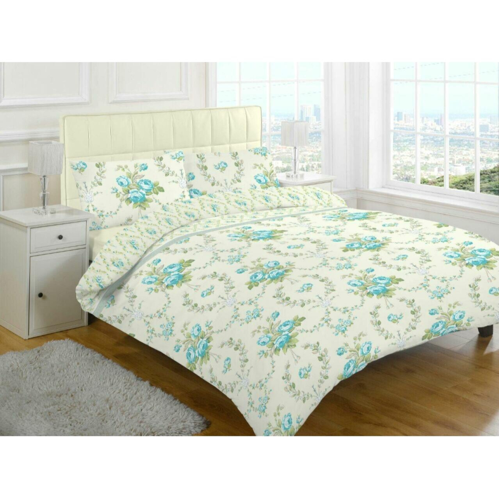 (Teal , Single) Floral Duvet Cover Set Olivia Flannelette 100% Brushed Cotton Thermal Duvet Quilt Cover Bedding Set