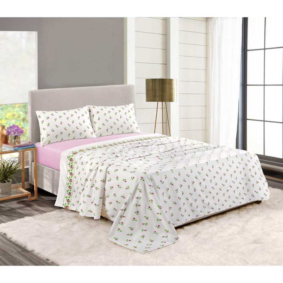 (Pink, King) Rosebud Floral Flannelette Sheet Set 100% Brushed Cotton Thermal Fitted Sheet Flat Sheet & Pillowcases Bedding Set