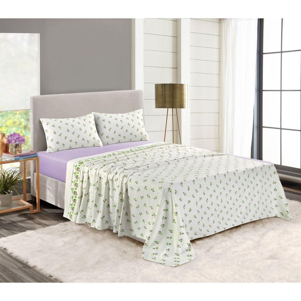(Lilac, King) Rosebud Floral Flannelette Sheet Set 100% Brushed Cotton Thermal Fitted Sheet Flat Sheet & Pillowcases Bedding Set