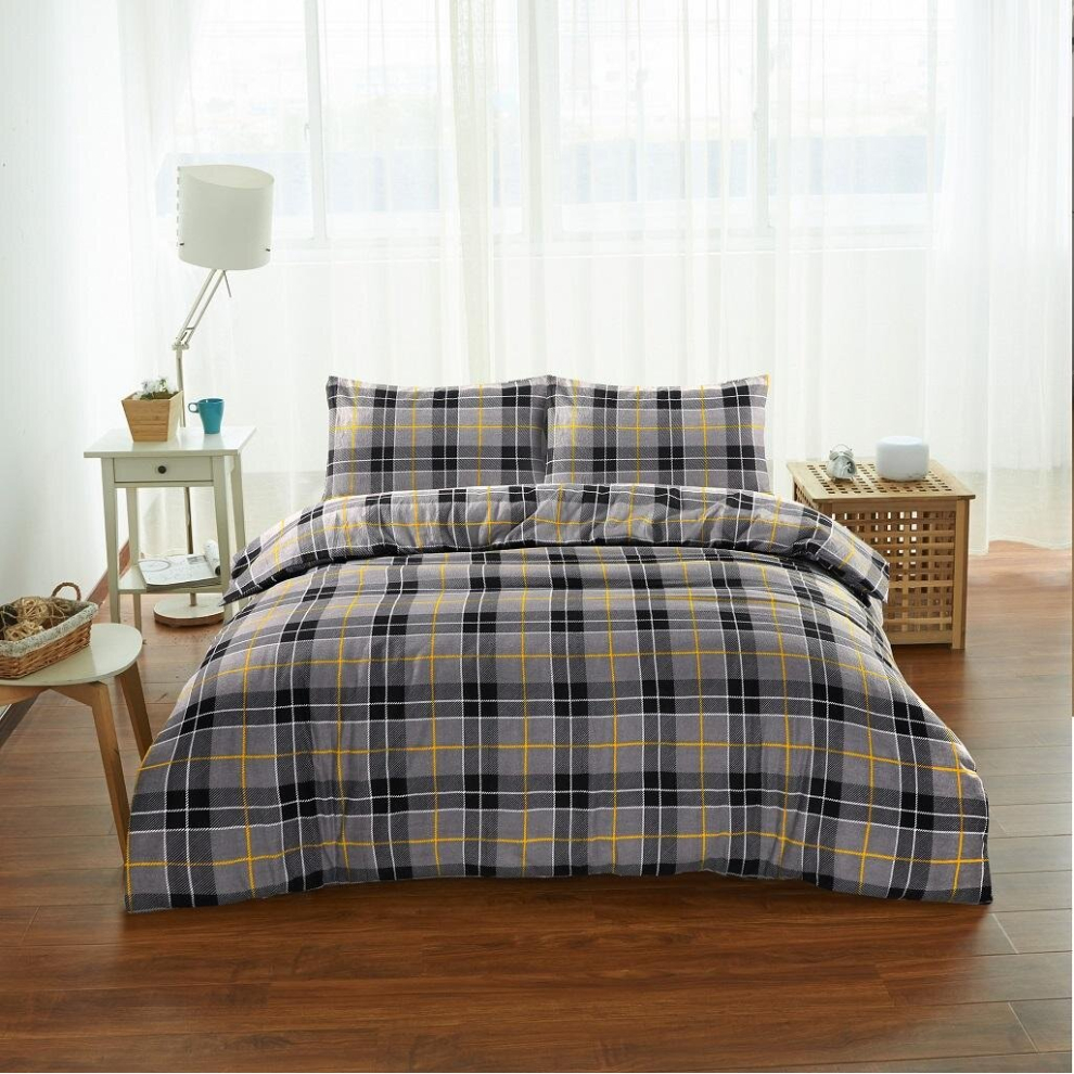 (Grey, Single) Tartan Duvet Cover Set Thermal Flannelette 100% Brushed Cotton Checked Bedding set