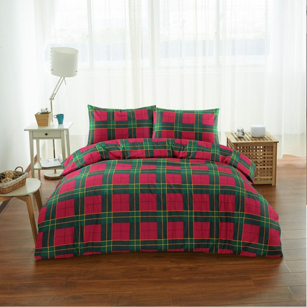 (Red, Single) Tartan Duvet Cover Set Thermal Flannelette 100% Brushed Cotton Checked Bedding set