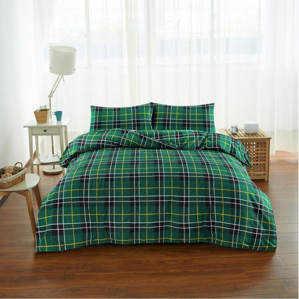 (Green, Super King) Tartan Duvet Cover Set Thermal Flannelette 100% Brushed Cotton Checked Bedding set