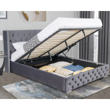 (Grey, King) Ottoman Storage Bed Frame Gas Lift Velvet Fabric