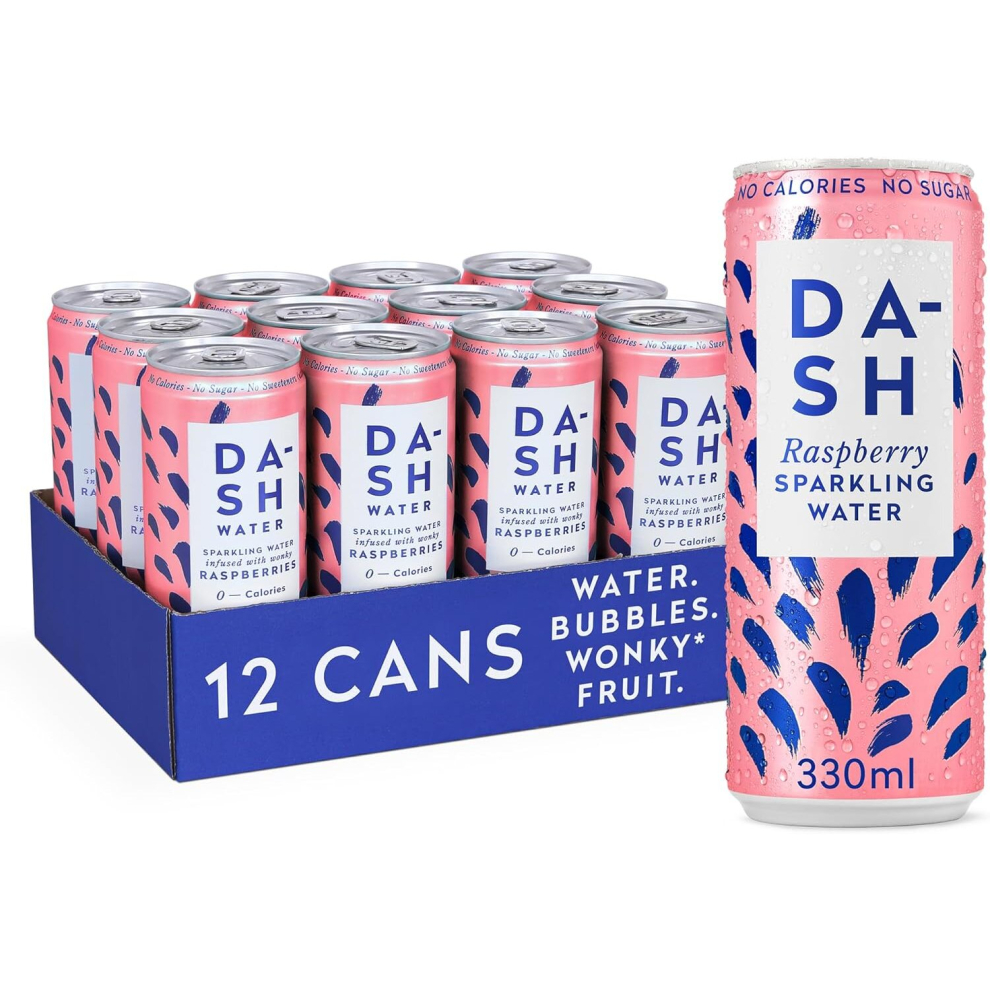 Dash Water Raspberry 12 x Raspberry Flavoured Sparkling Spring Water NO Sugar NO Sweetener NO Calories Infused with Wonky Fruit (12 x 330ml cans)