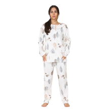 (Brown, XL) Malay Ladies Pyjama Set Long Sleeve Button Pockets Floral Thermal Warm Soft Loungewear