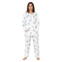 (Green, XXL) Malay Ladies Pyjama Set Long Sleeve Button Pockets Floral Thermal Warm Soft Loungewear