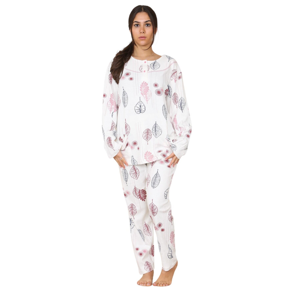 (Pink, L) Malay Ladies Pyjama Set Long Sleeve Button Pockets Floral Thermal Warm Soft Loungewear