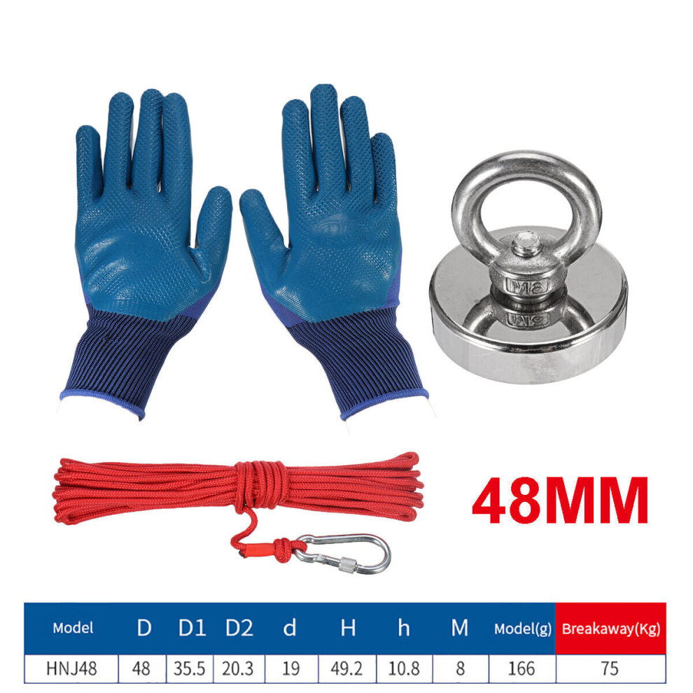 (48mm) HNJ48/60/75mm Strong Neodymium Fishing Magnet Set With 10m Rope And Gloves Fishing Tools