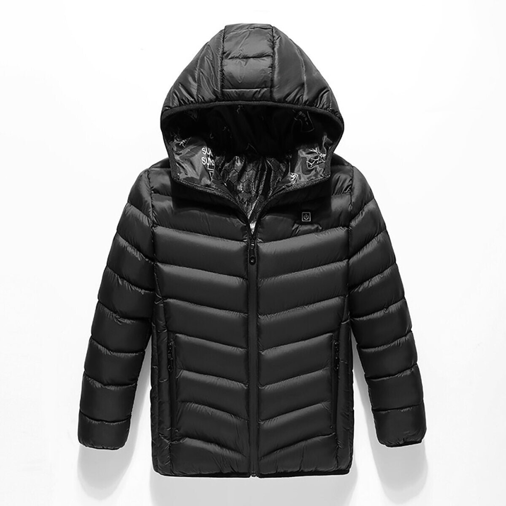 (Black, 150cm) Chilidren Electric Heated Hooded Coat Winter Warm Jacket USB 3s Fast Heating
