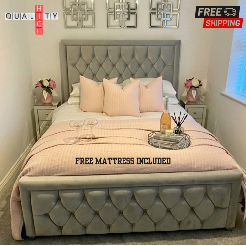 (King 5ft, Silver Plush) Luxury Bumper Bar Hilton Bedframe Plush Velvet with Mattress