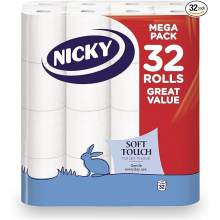 Nicky Soft Touch Toilet Tissue Extra Value Pack 32 Rolls of Extra Gentle 190 Sheets per Roll 2-ply Soft Tissue Modern Embossing 100% Certified Paper