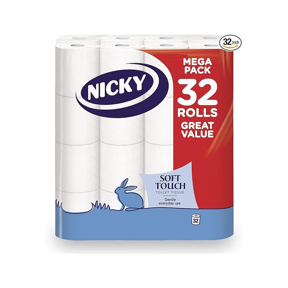 Nicky Soft Touch Toilet Tissue Extra Value Pack 32 Rolls of Extra Gentle White Toilet Paper 200 Sheets per Roll 2-ply Easy Opening