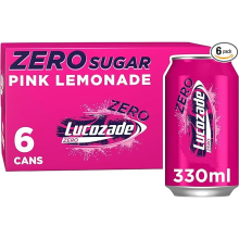 Lucozade Zero Fizzy Drink Pink Lemonade Flavour Sugar Free Low Calorie 6 Pack 330ml Cans