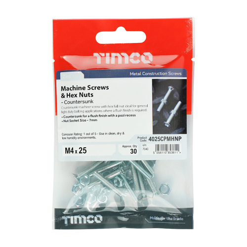 TIMco TIMCO Machine Countersunk Screws & Hex Nut Silver - M4 x 25 2