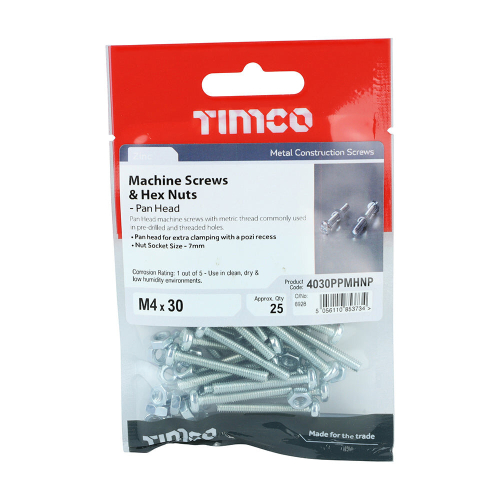 TIMco TIMCO Machine Pan Head Screws & Hex Nut Silver - M4 x 30 2