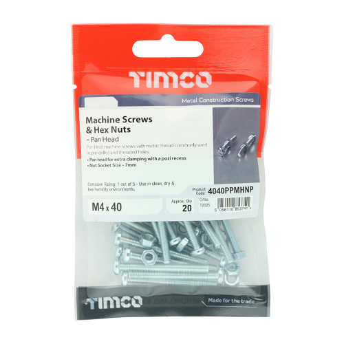 TIMco TIMCO Machine Pan Head Screws & Hex Nut Silver - M4 x 40 2