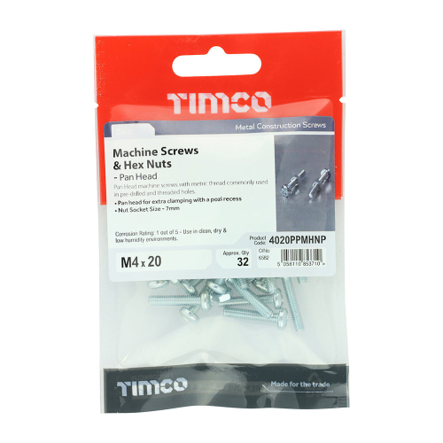 TIMco TIMCO Machine Pan Head Screws & Hex Nut Silver - M4 x 20 2