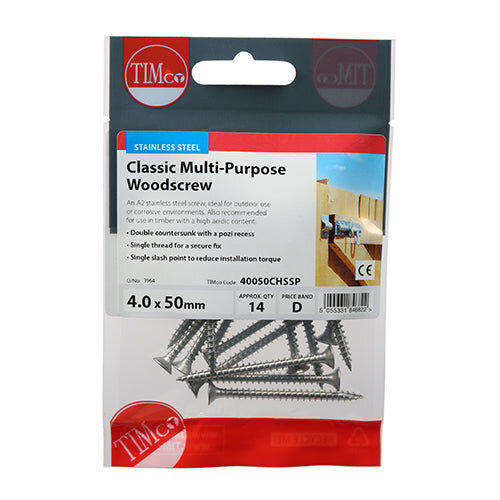 TIMco TIMCO Classic Multi-Purpose Countersunk A2 Stainless Steel Woodcrews - 4.0 x 50 2