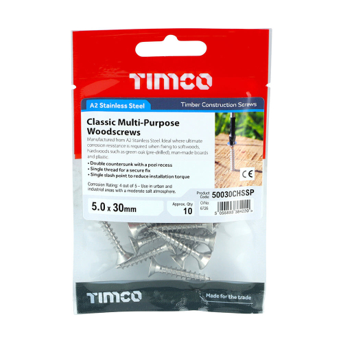 TIMco TIMCO Classic Multi-Purpose Countersunk A2 Stainless Steel Woodcrews - 5.0 x 30 2