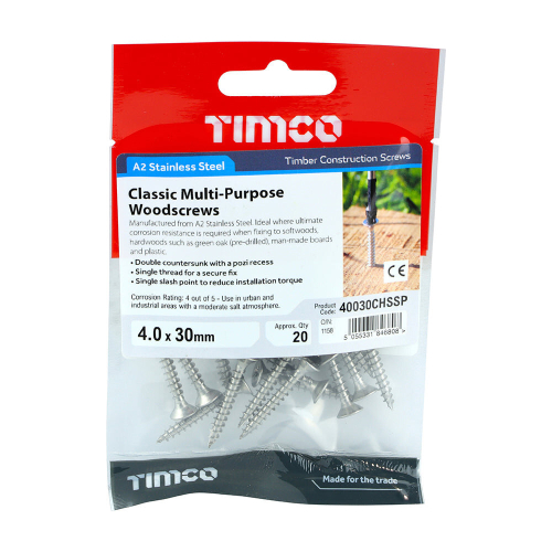 TIMco TIMCO Classic Multi-Purpose Countersunk A2 Stainless Steel Woodcrews - 4.0 x 30 2