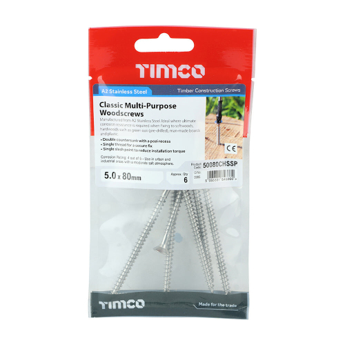 TIMco TIMCO Classic Multi-Purpose Countersunk A2 Stainless Steel Woodcrews - 5.0 x 80 2