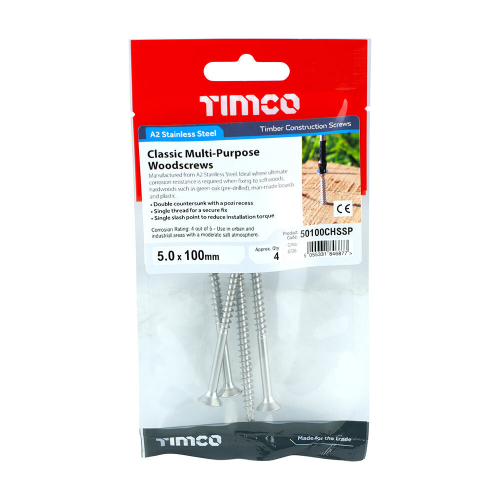 TIMco TIMCO Classic Multi-Purpose Countersunk A2 Stainless Steel Woodcrews - 5.0 x 100 2