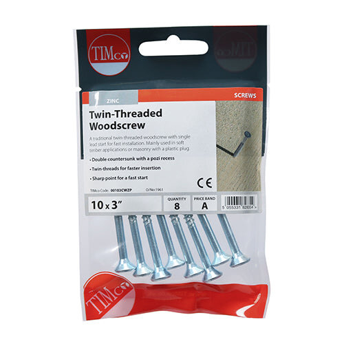 TIMco TIMCO Twin-Threaded Countersunk Silver Woodscrews - 10 x 3 2