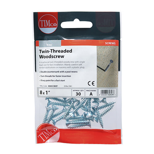 TIMco TIMCO Twin-Threaded Countersunk Silver Woodscrews - 8 x 1 2