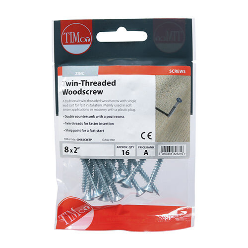 TIMco TIMCO Twin-Threaded Countersunk Silver Woodscrews - 8 x 2 2
