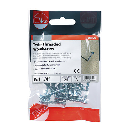 TIMco TIMCO Twin-Threaded Countersunk Silver Woodscrews - 8 x 11/4 2