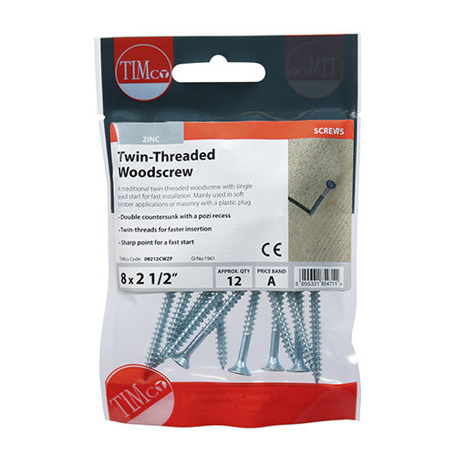 TIMco TIMCO Twin-Threaded Countersunk Silver Woodscrews - 8 x 21/2 2