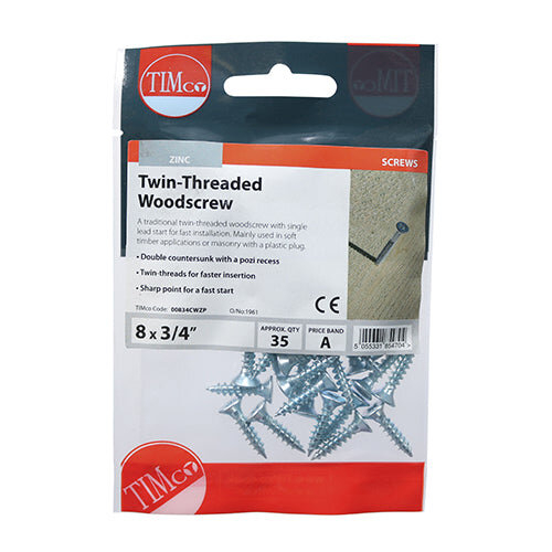 TIMco TIMCO Twin-Threaded Countersunk Silver Woodscrews - 8 x 3/4 2