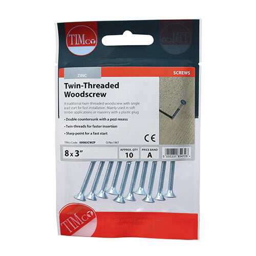 TIMco TIMCO Twin-Threaded Countersunk Silver Woodscrews - 8 x 3 2