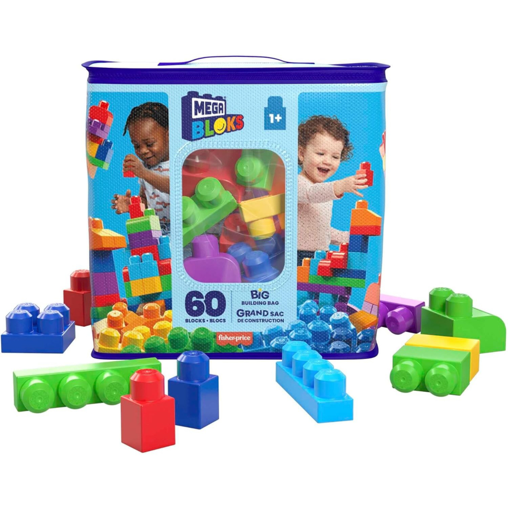 MEGA BLOKS Big Building Bag building set with 60 big and colorful building blocks, and 1 storage bag, toy gift set for ages 1 and up, DCH55