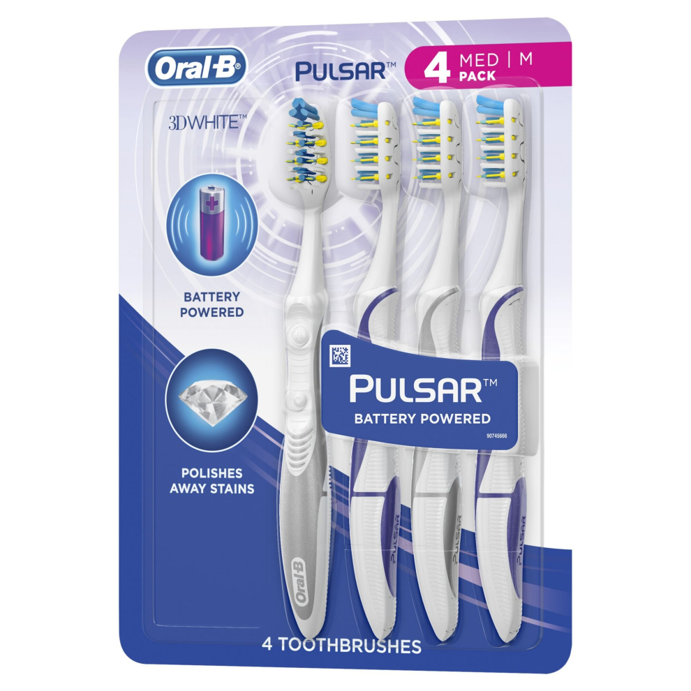 Oral-B 3D White Pulsar Battery Powered Toothbrush, Medium, 4 Pack