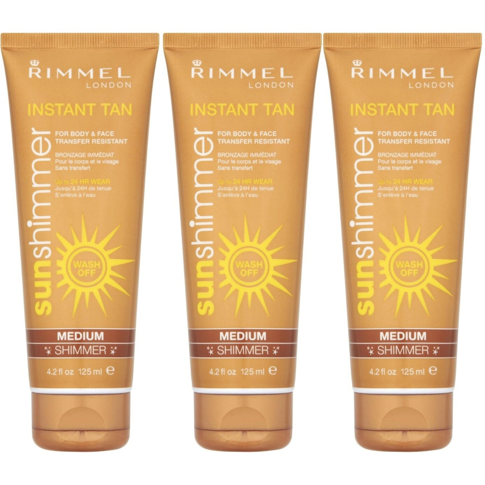 3 X Rimmel Sunshimmer Instant Tan Makeup, Medium Shimmer 125 ml