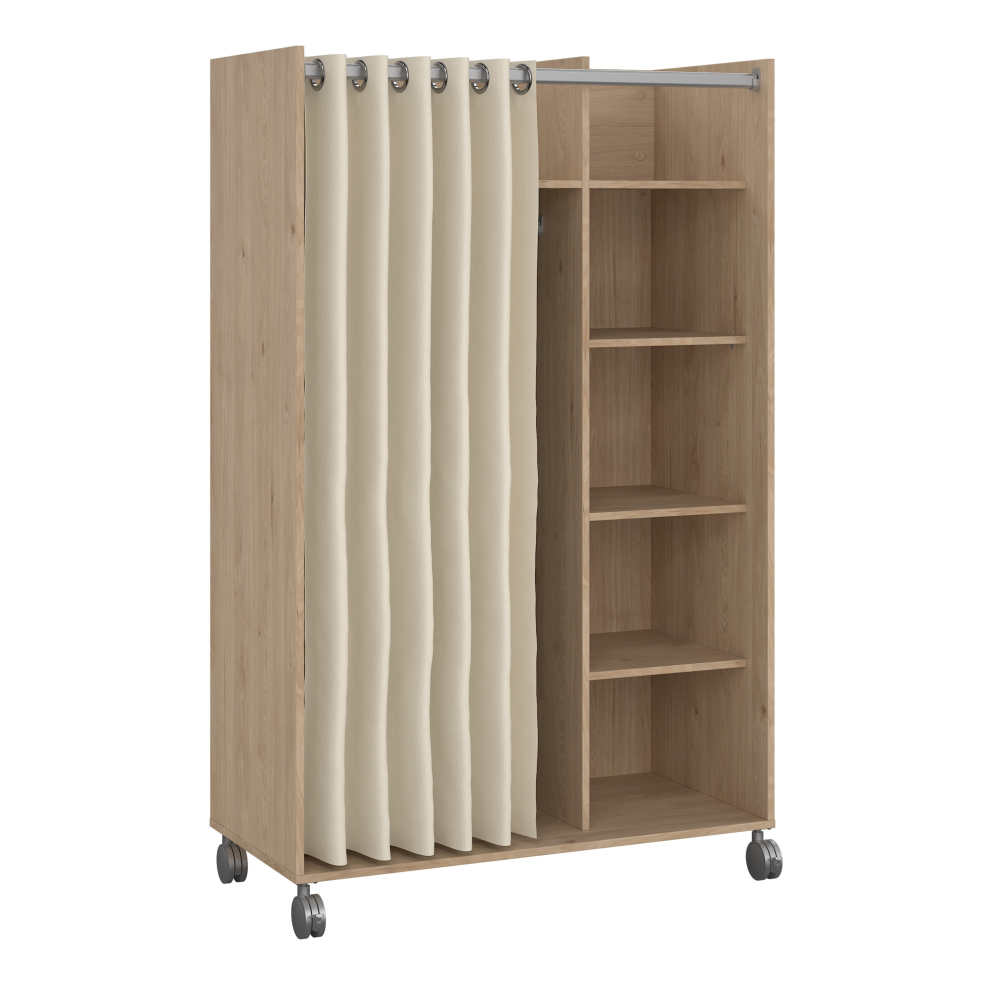 Uppsala Open Mobile Wardrobe Unit in Jackson Hickory Oak with a Beige Textile Curtain on Wheels-image-OPC-PDFVBYX-NEW
