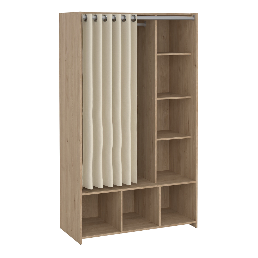 Uppsala Open Mobile Wardrobe Unit in Jackson Hickory Oak with a Beige Textile Curtain-image-OPC-PDFVBZH-NEW