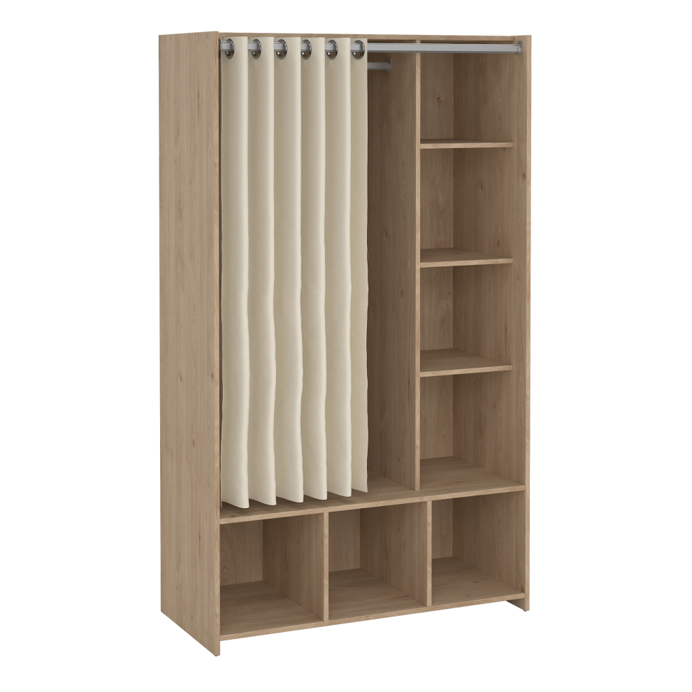 Uppsala Open Mobile Wardrobe Unit In Jackson Hickory Oak With A Beige Textile Curtain