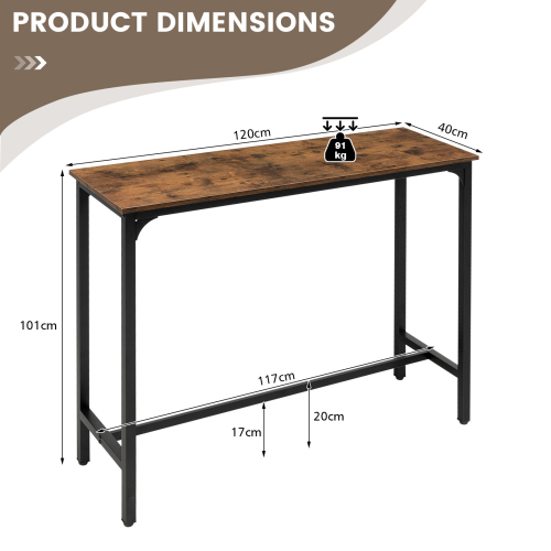 Costway 120 cm Industrial Bar Table Counter Table Kitchen Dining Sofa Console Table Brown 2