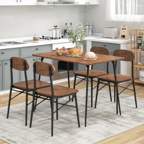 Casart 5 PCS Rustic Dining Table Set w/ 4 Chairs with Backrest & Metal Legs