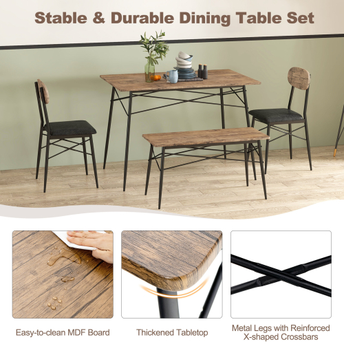 Casart 4 PCS Rustic Dining Table Set W/ Long Bench & 2 Chairs Upholstered for 4 2