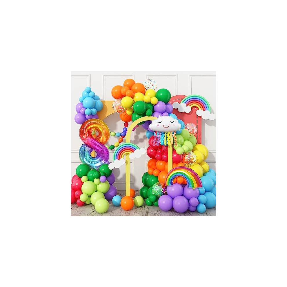 Rainbow Balloon Arch Kit, 8th Rainbow Birthday Party Decoration, 8th Birthday Decorations for Boys Girls, 130Pcs Rainbow Balloon Arch Garland Kit for