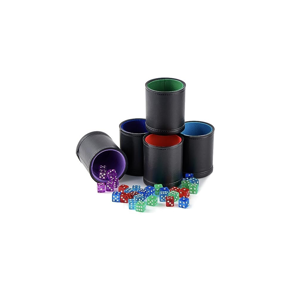 TOPTAN 5 Pack Black PU Leather Dice Cups with Colorful Velvet Felt-Lined Interior and 30 Matching Colorful Transparent Dices