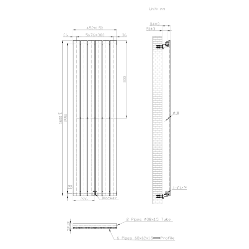 (Anthracite Gray) 452 x 1600mm Single Panel Radiator 2