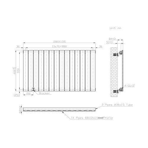 (Anthracite Gray) 1060 x 600mm Single Panel Radiator 2